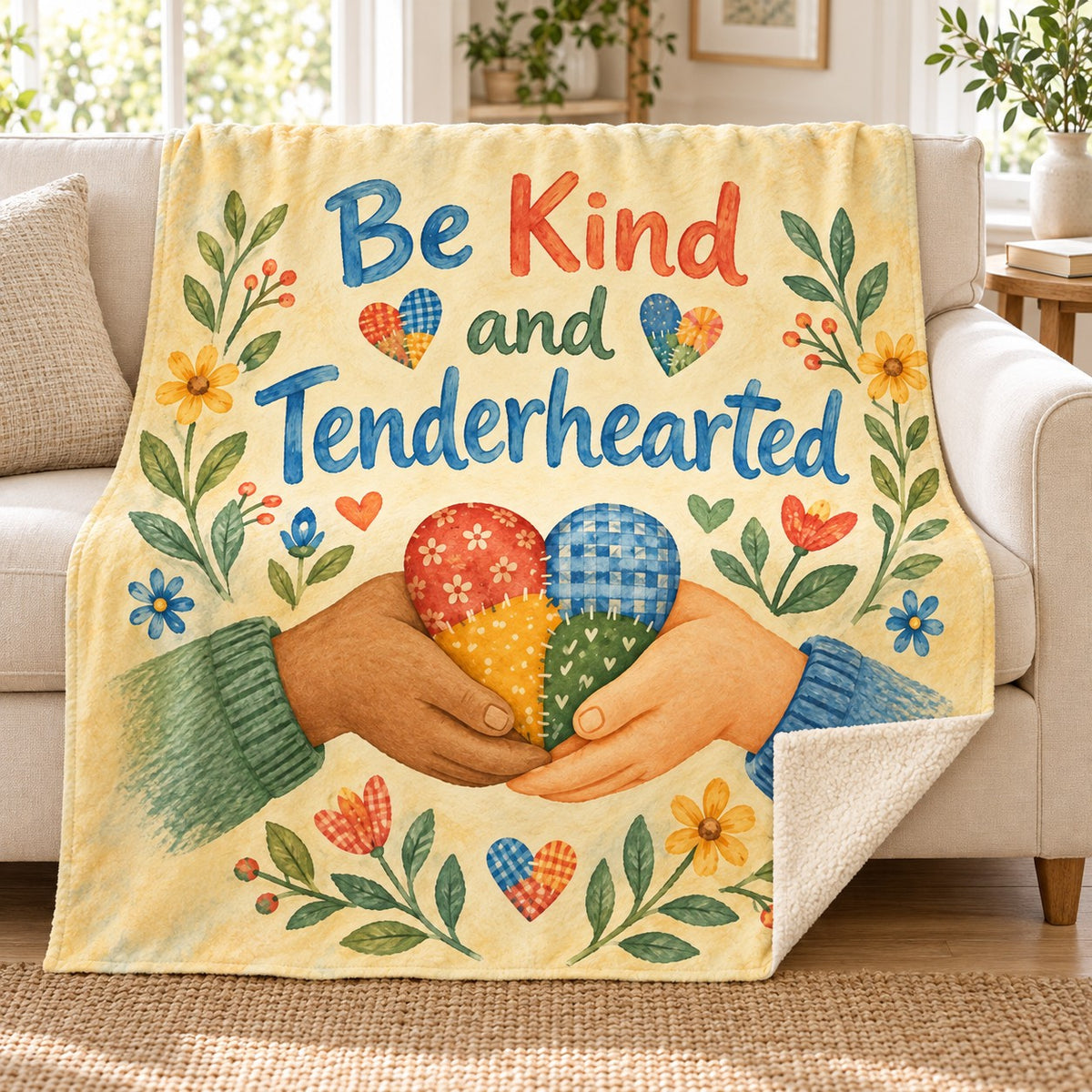 Be Kind and Tenderhearted. blanket, on a sofa