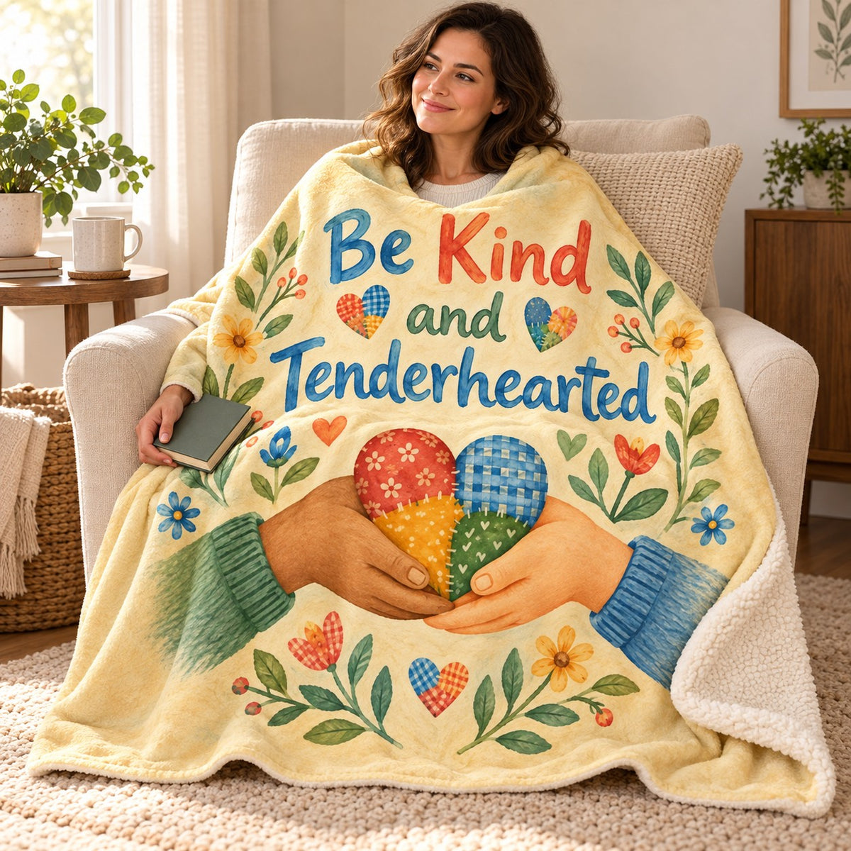 Be Kind and Tenderhearted. blanket, wrapped around a reader