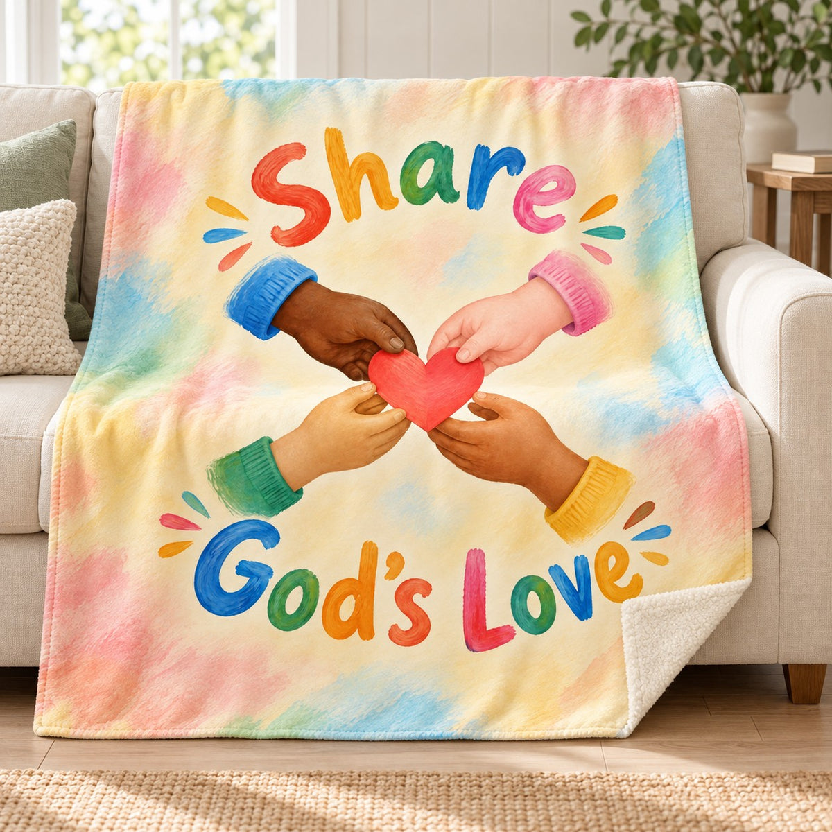 Share God's Love. blanket, on a sofa