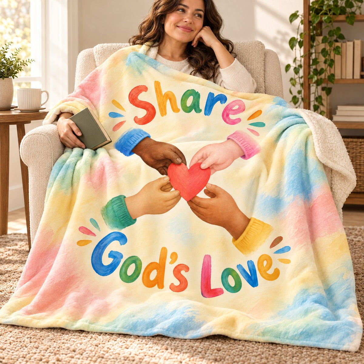 Share God's Love. blanket, wrapped around a reader