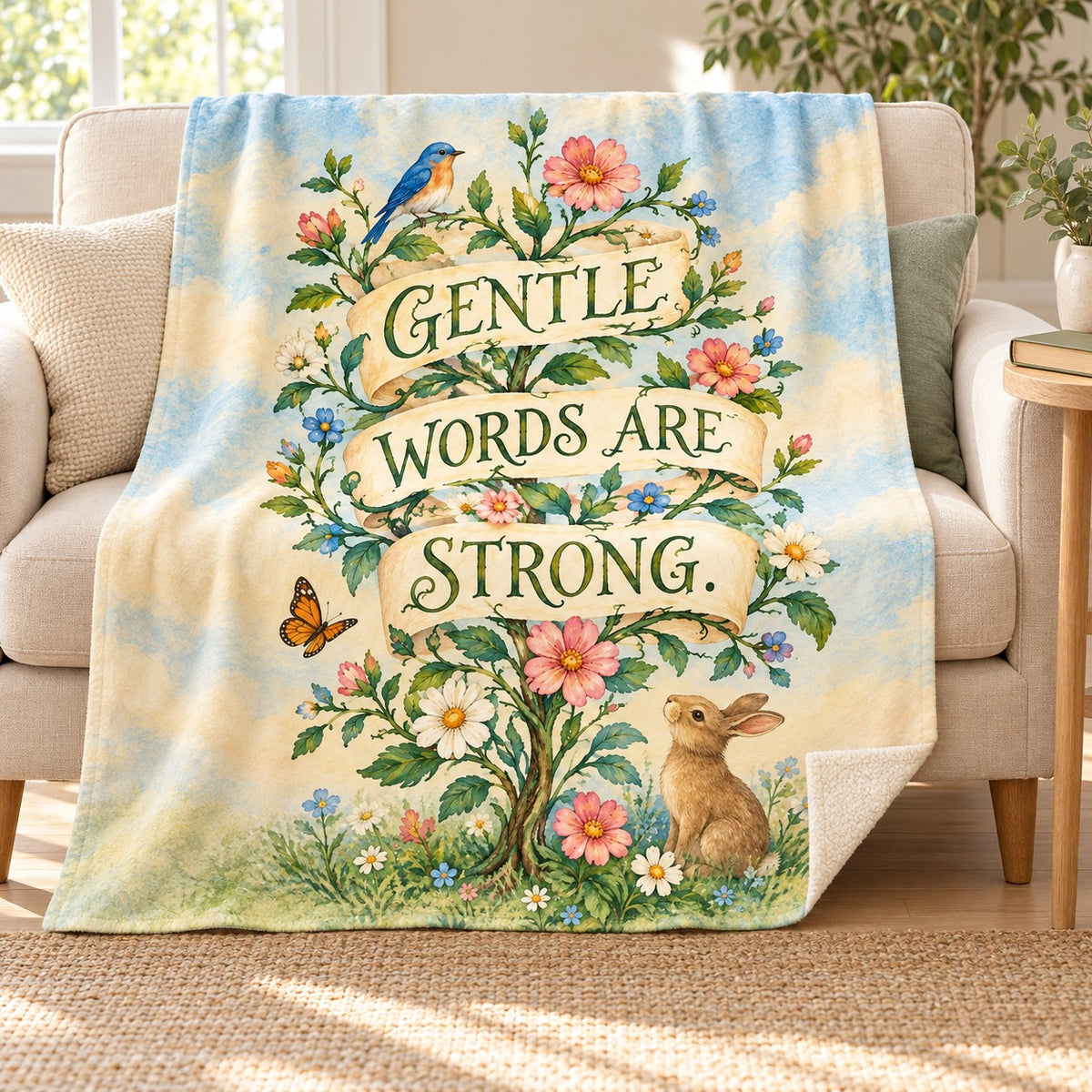 Gentle Words Are Strong. blanket, on a sofa