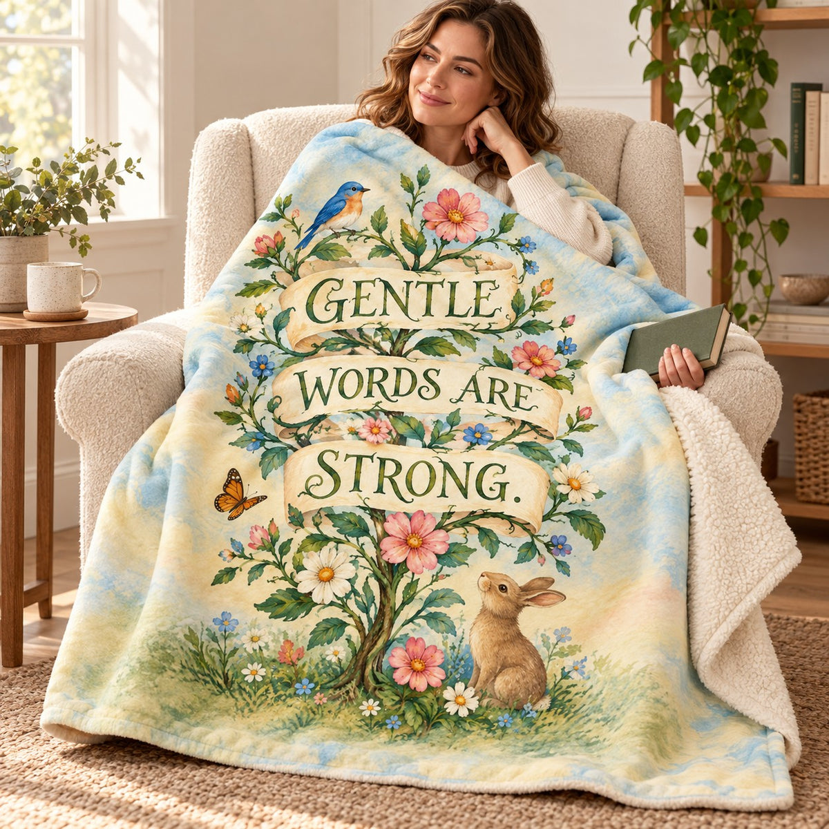 Gentle Words Are Strong. blanket, wrapped around a reader
