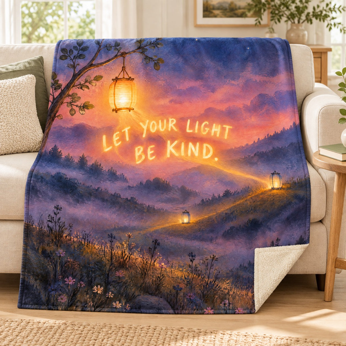 Let Your Light Be Kind. blanket, on a sofa