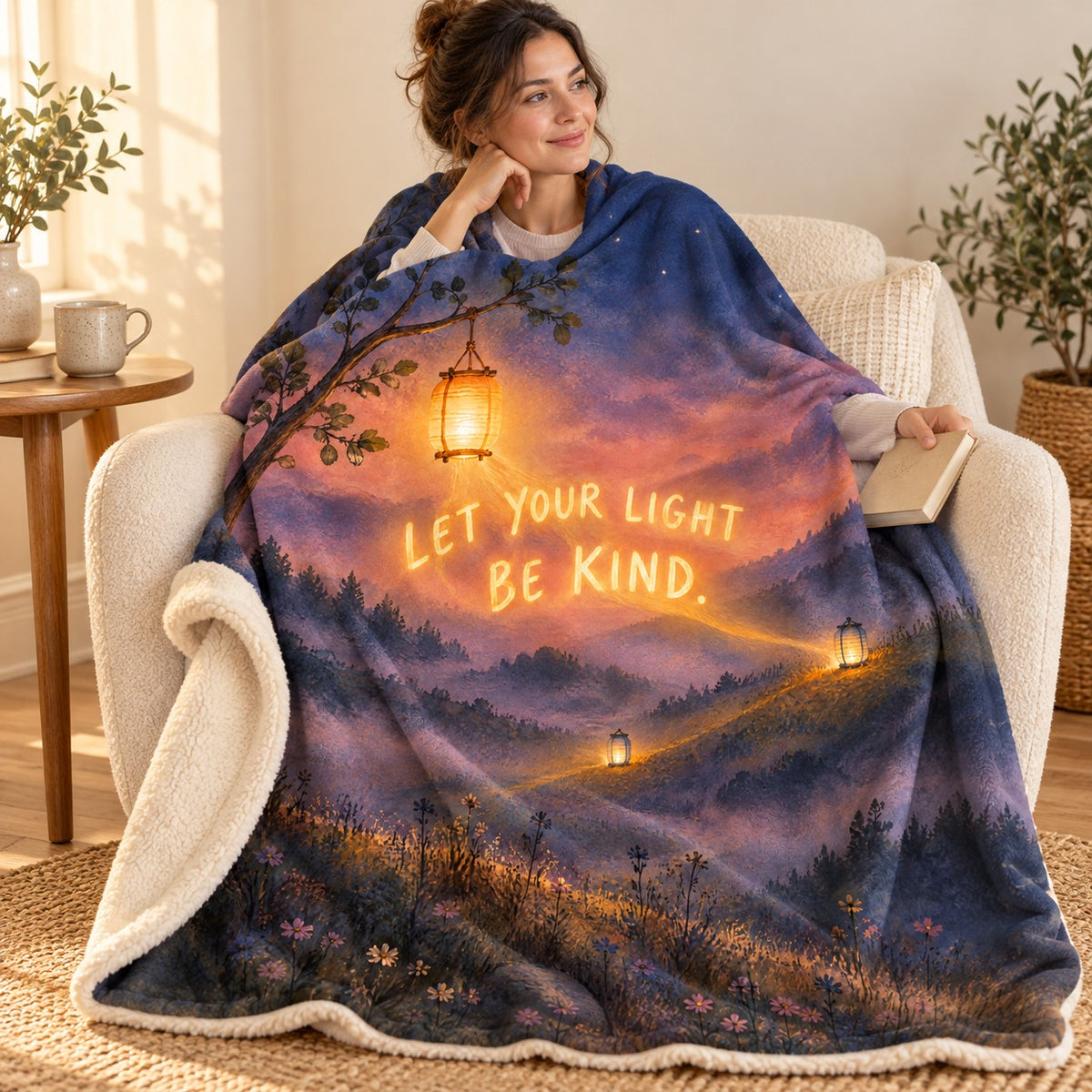 Let Your Light Be Kind. blanket, wrapped around a reader