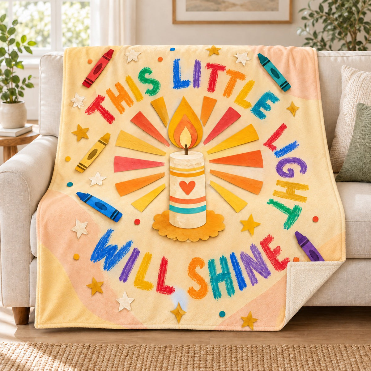 This Little Light Will Shine. blanket, on a sofa