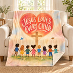 Jesus Loves Every Child. blanket, on a sofa