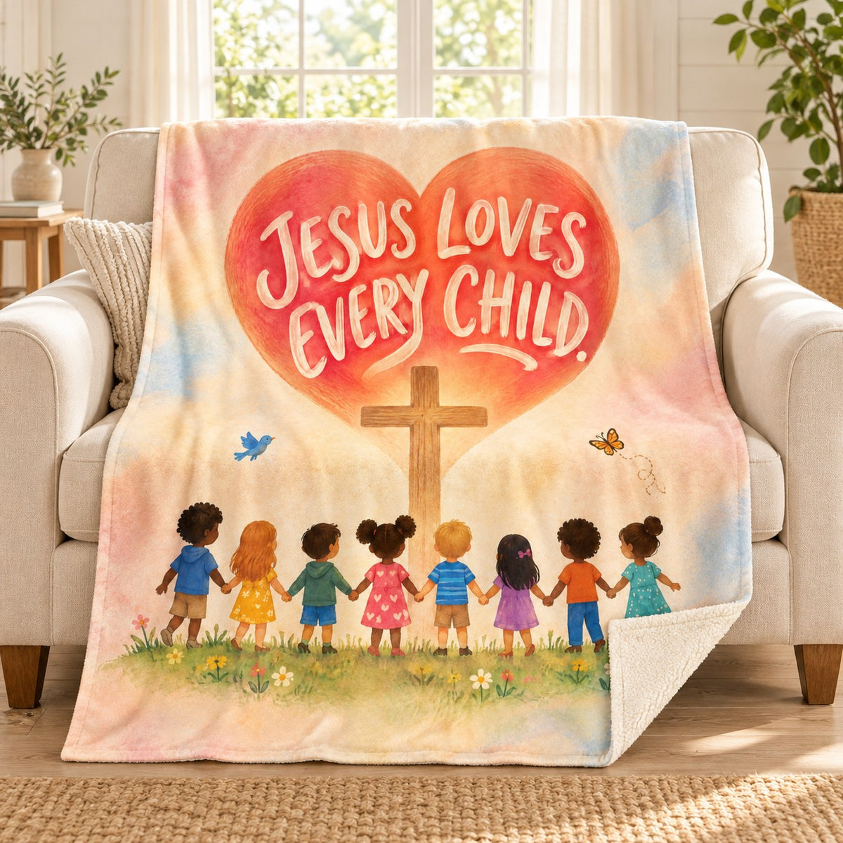 Jesus Loves Every Child. blanket, on a sofa
