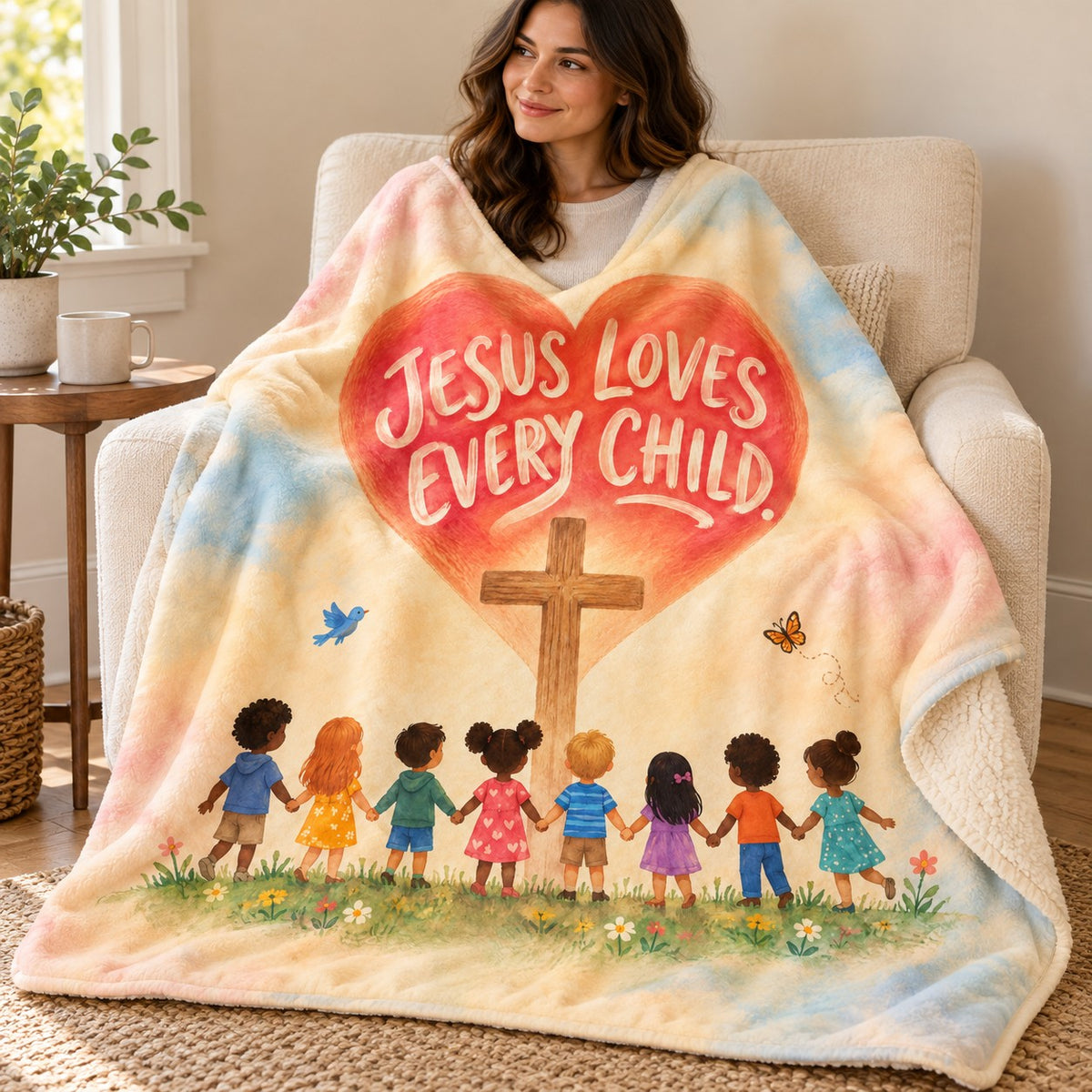 Jesus Loves Every Child. blanket, wrapped around a reader