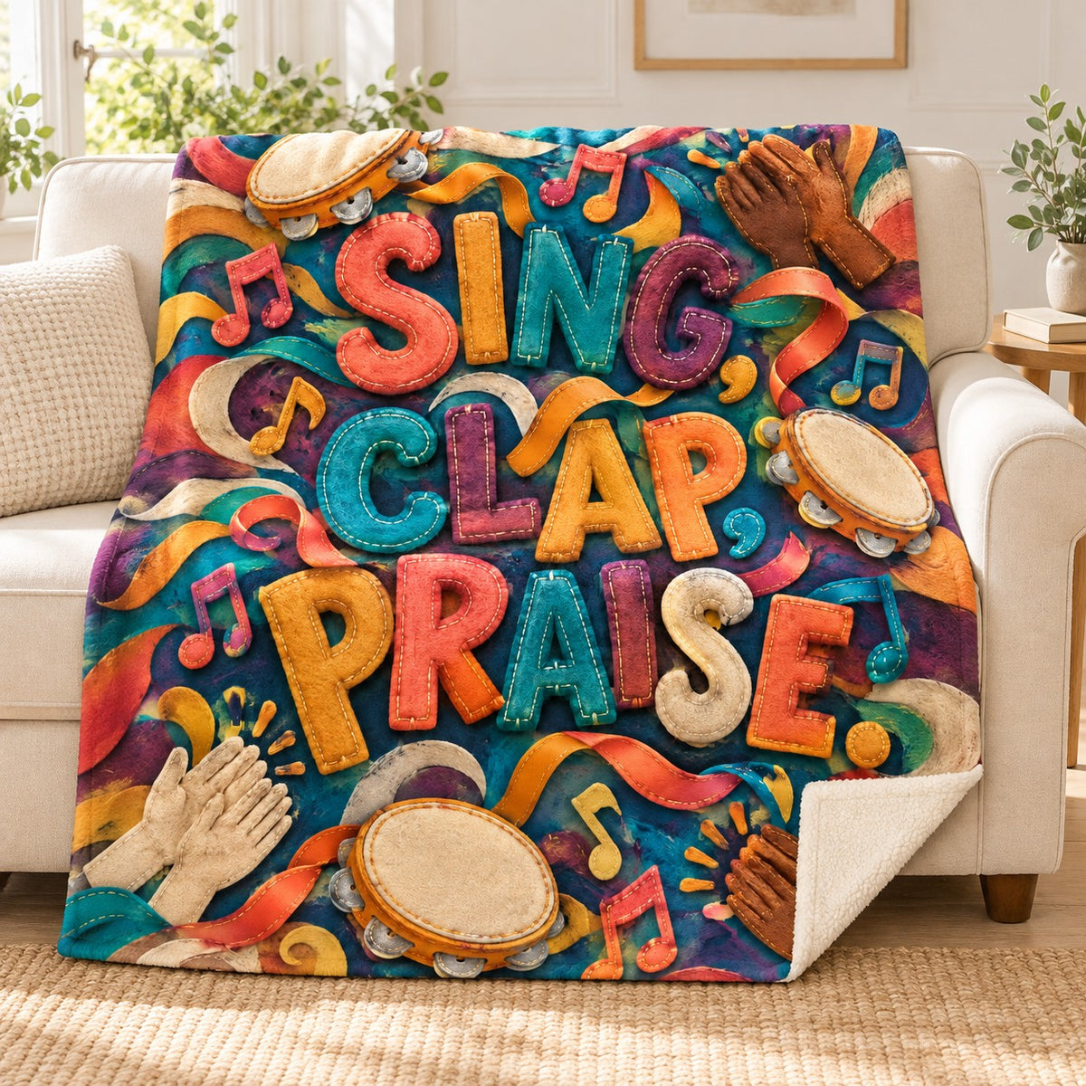 Sing, Clap, Praise. blanket, on a sofa