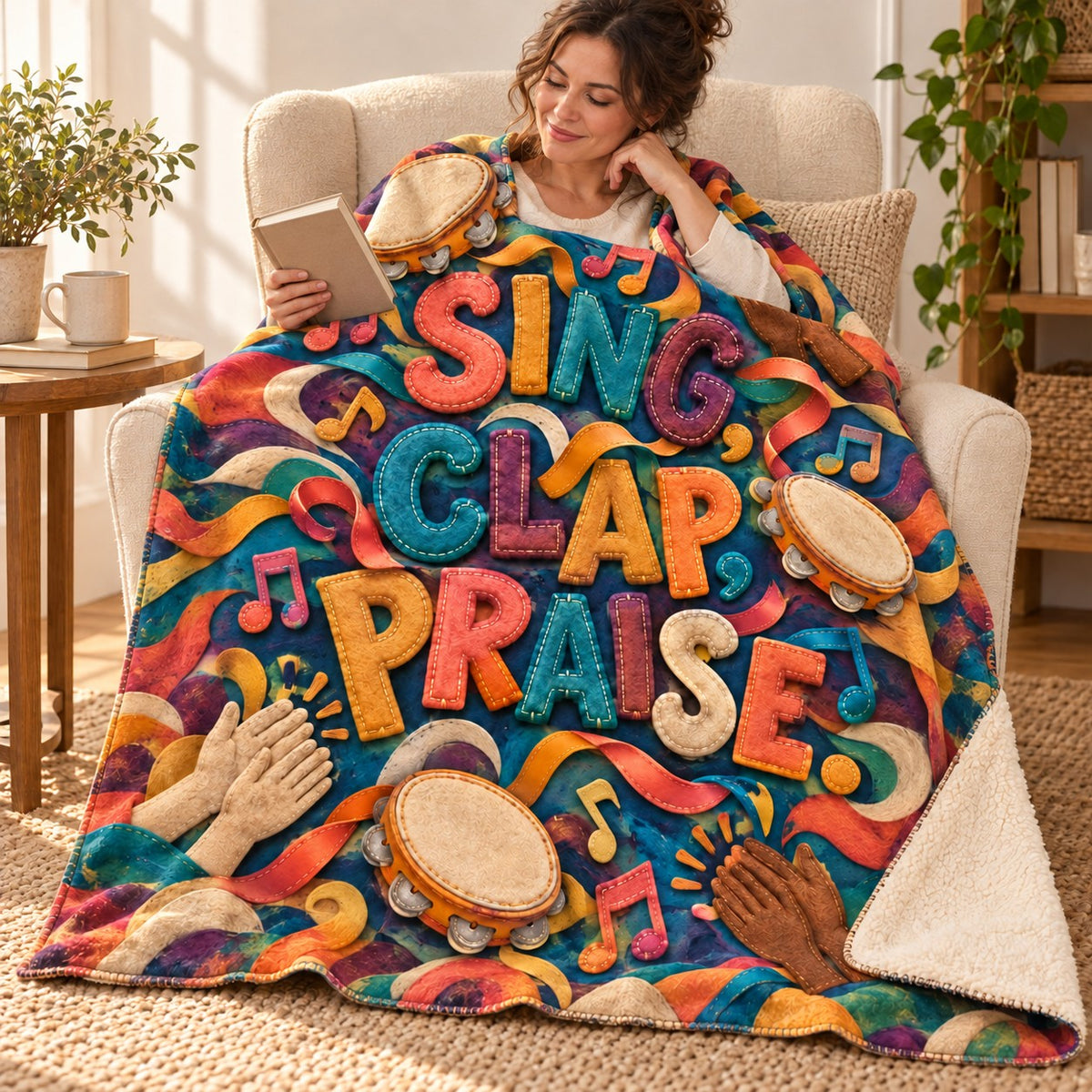 Sing, Clap, Praise. blanket, wrapped around a reader