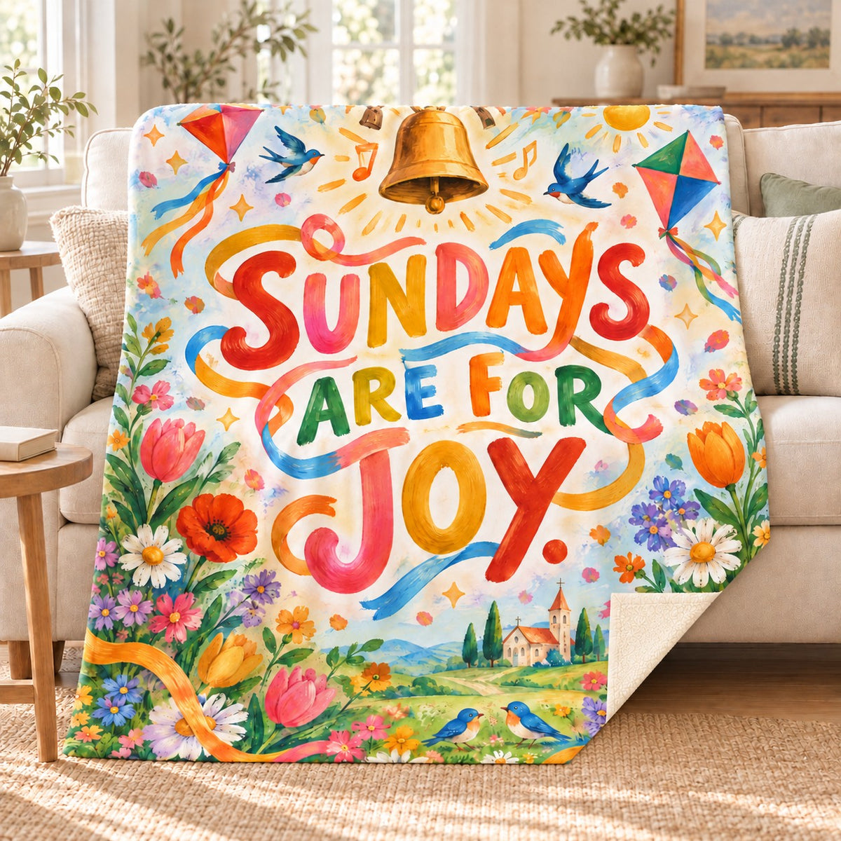 Sundays Are for Joy. blanket, on a sofa