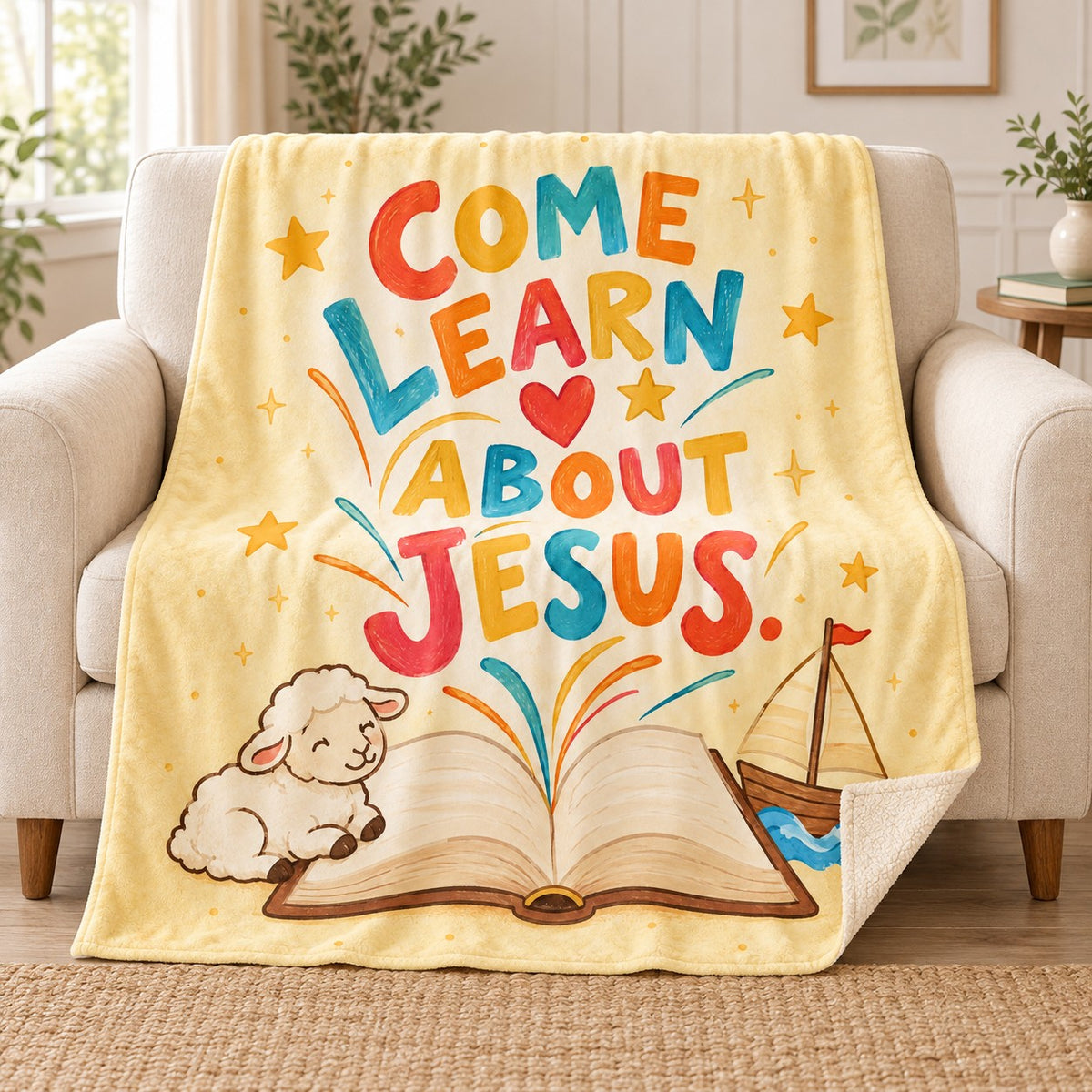 Come Learn About Jesus. blanket, on a sofa