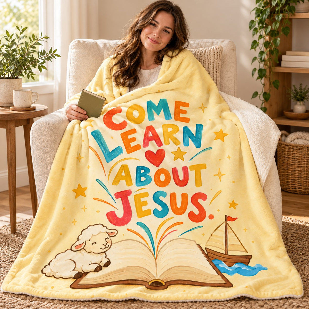 Come Learn About Jesus. blanket, wrapped around a reader