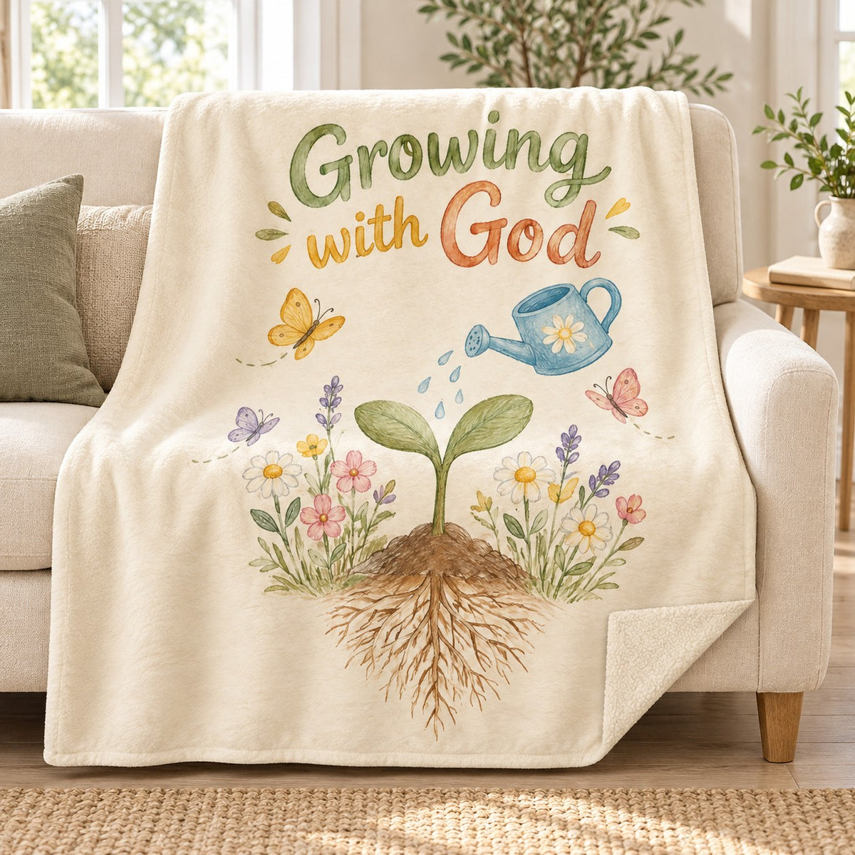 Growing with God. blanket, on a sofa