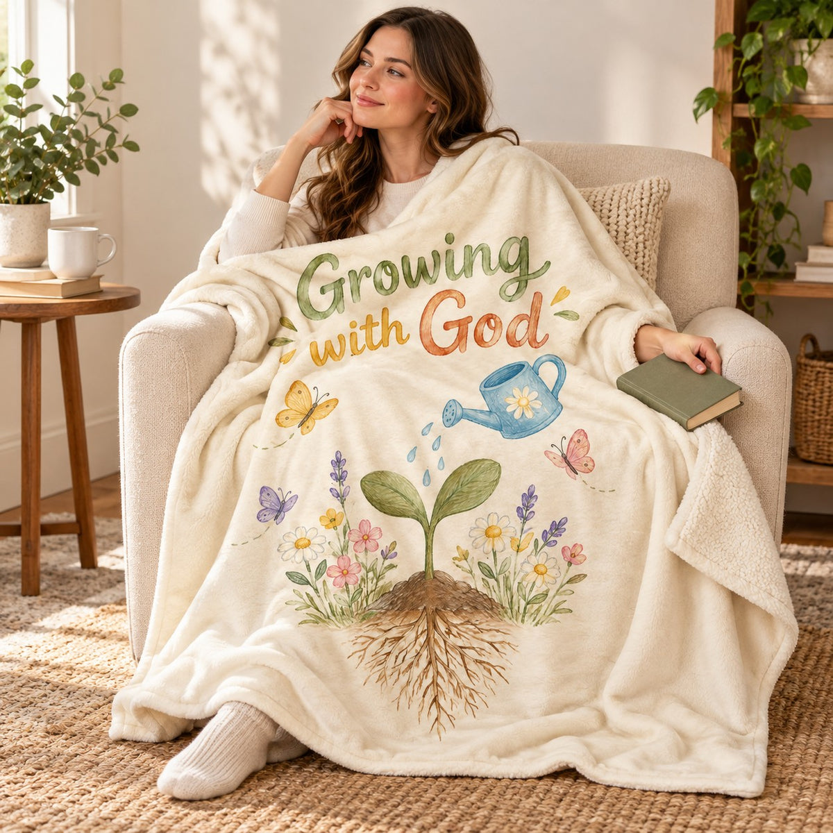 Growing with God. blanket, wrapped around a reader