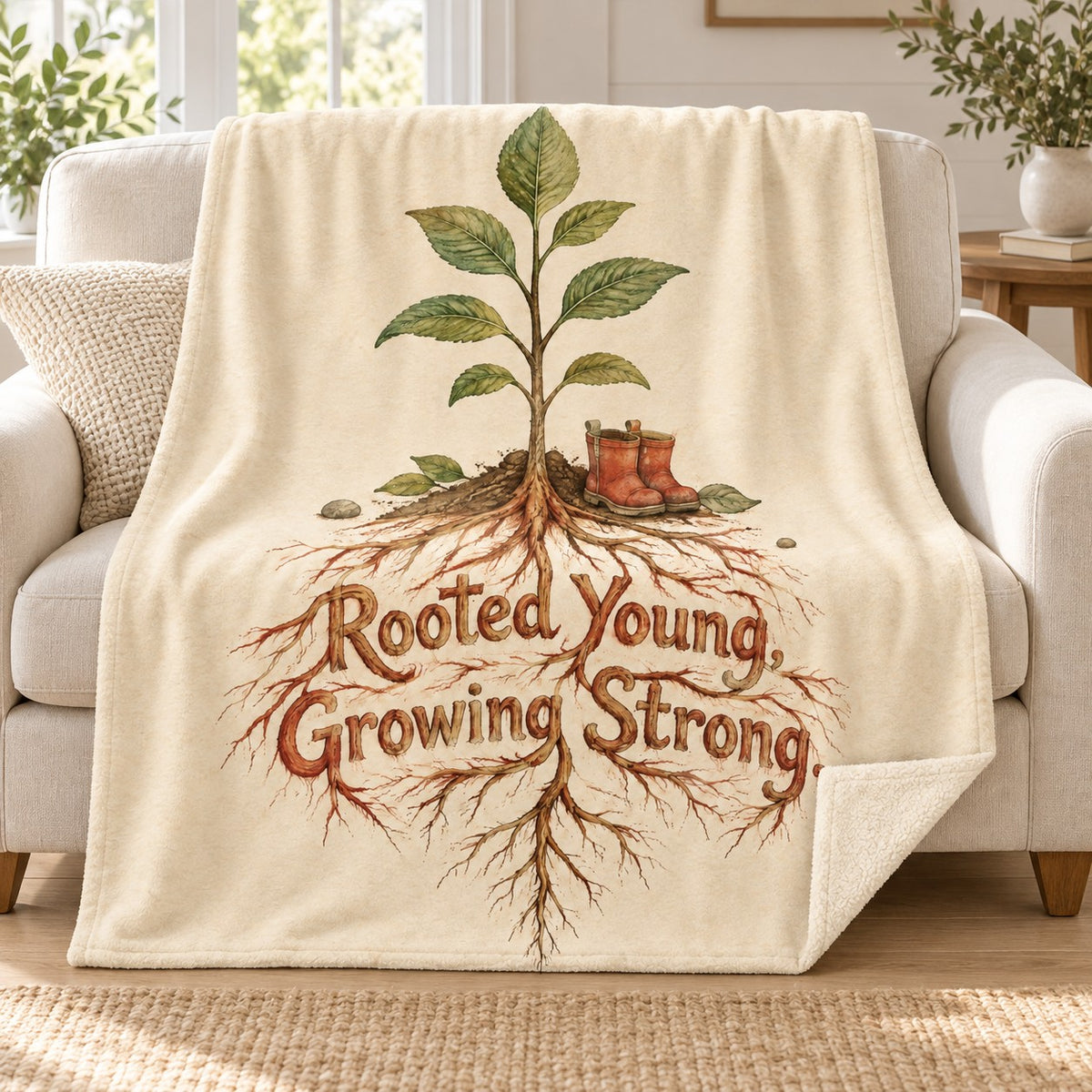 Rooted Young, Growing Strong. blanket, on a sofa