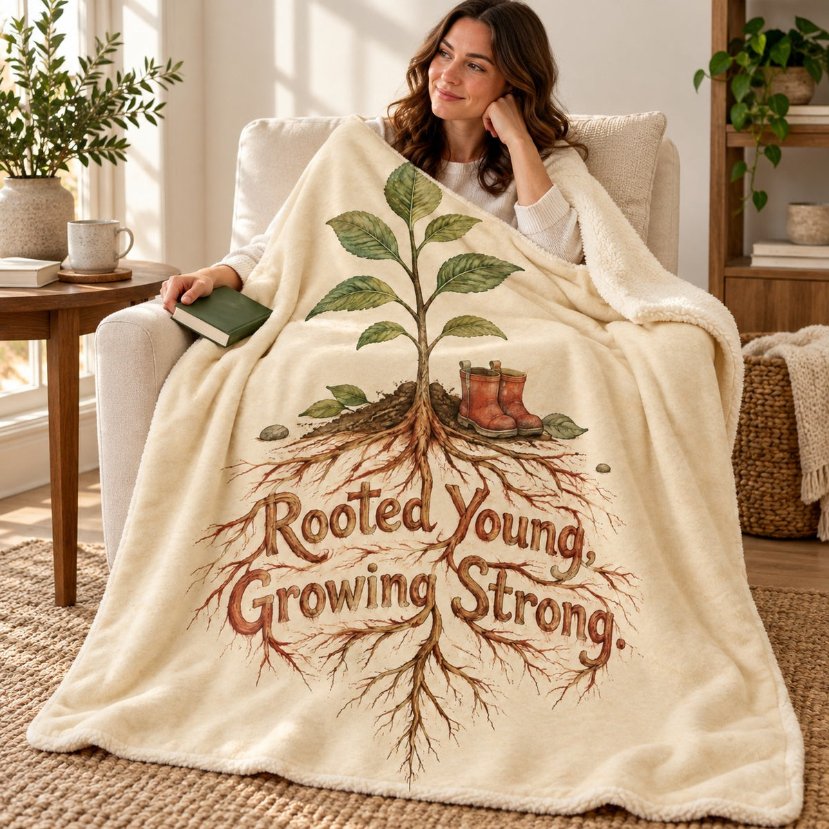 Rooted Young, Growing Strong. blanket, wrapped around a reader