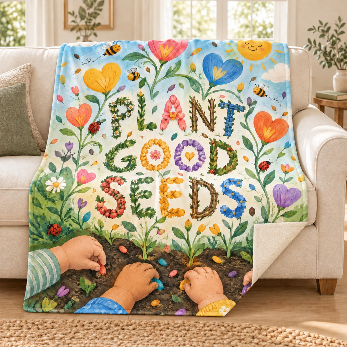 Plant Good Seeds. blanket, on a sofa