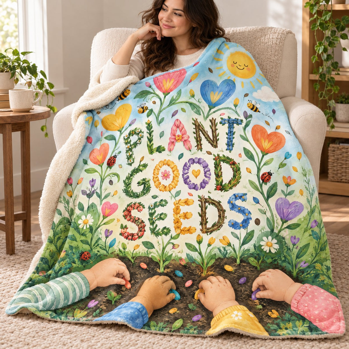 Plant Good Seeds. blanket, wrapped around a reader