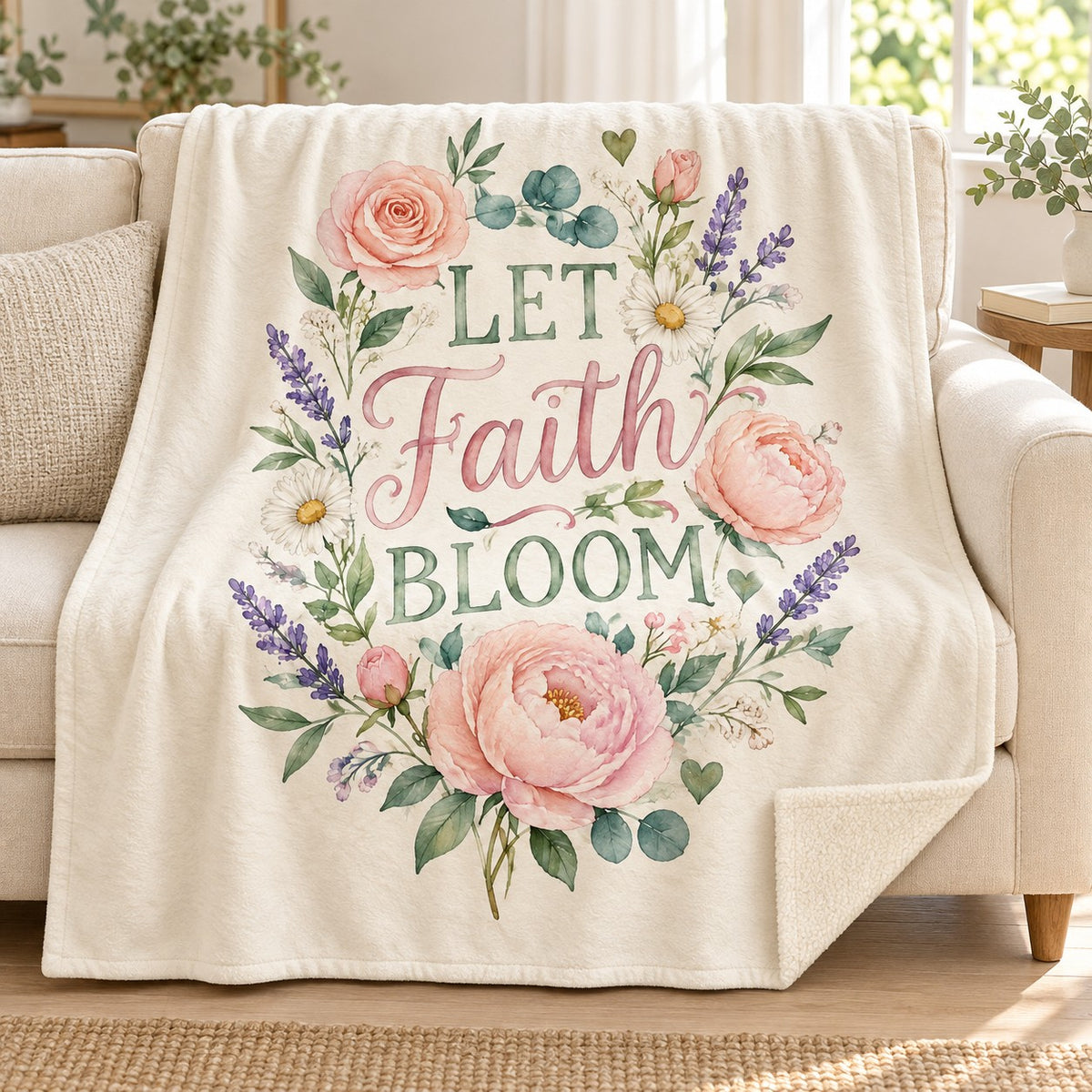 Let Faith Bloom. blanket, on a sofa