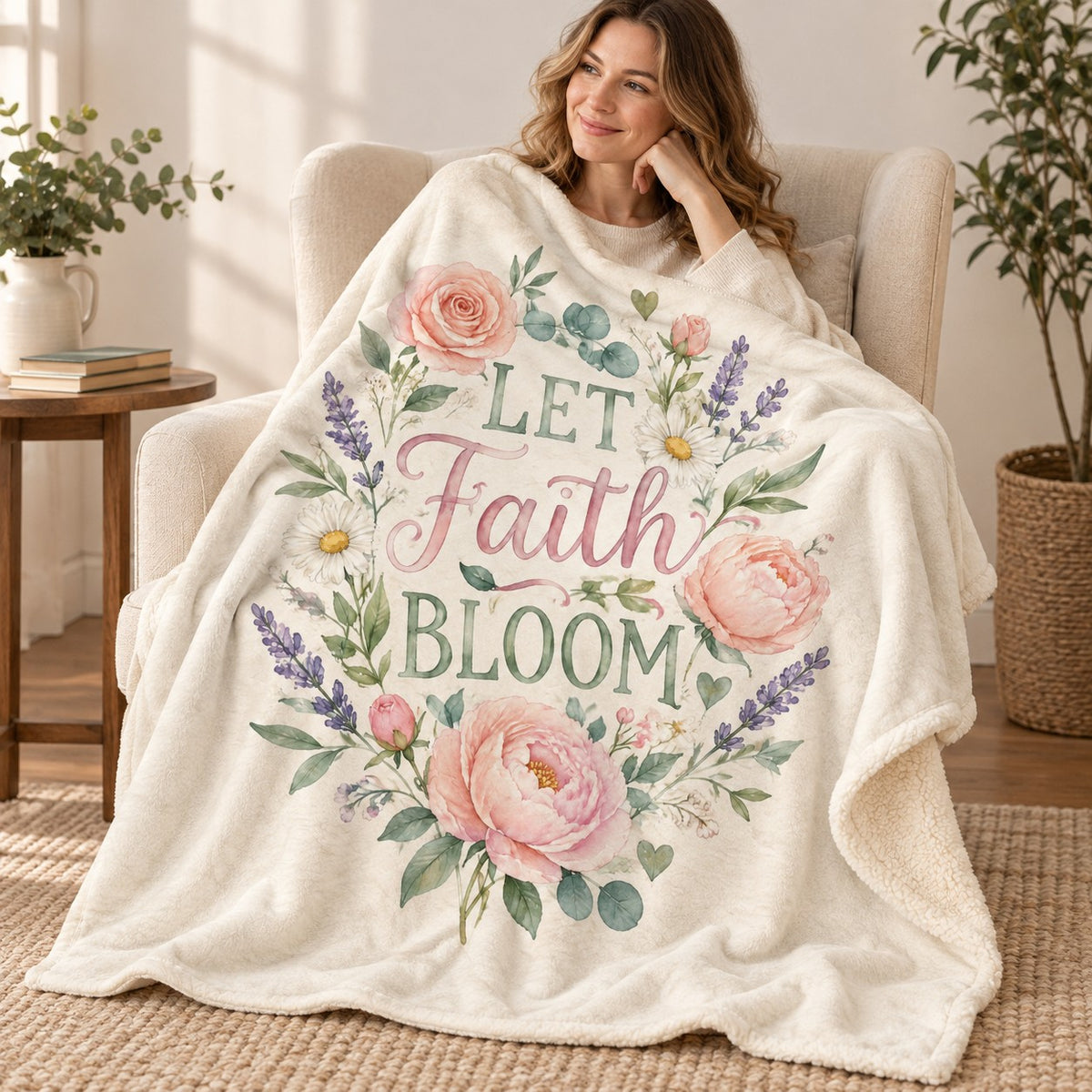 Let Faith Bloom. blanket, wrapped around a reader