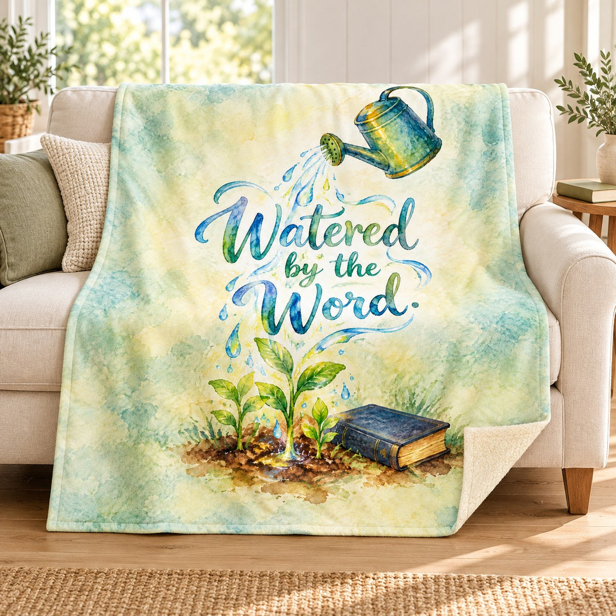 Watered by the Word. blanket, on a sofa