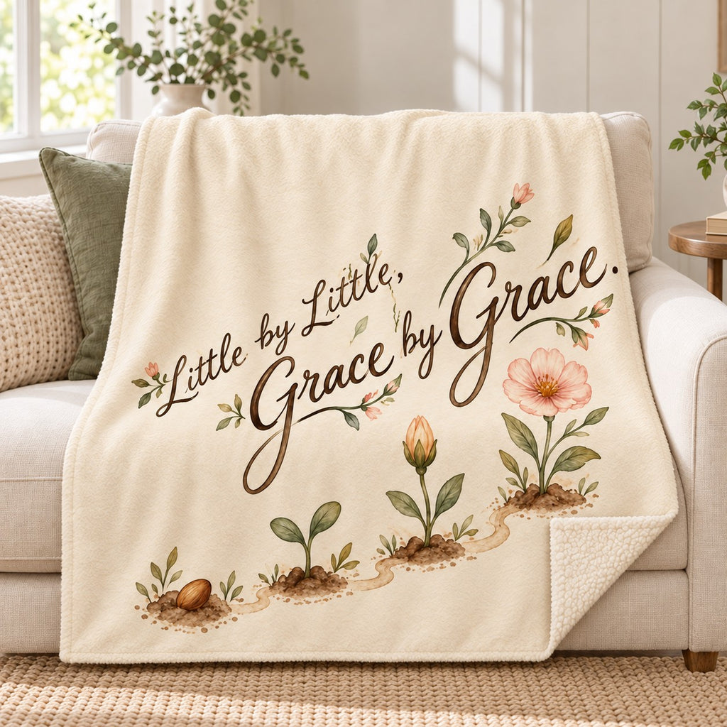 Little by Little, Grace by Grace. blanket, on a sofa