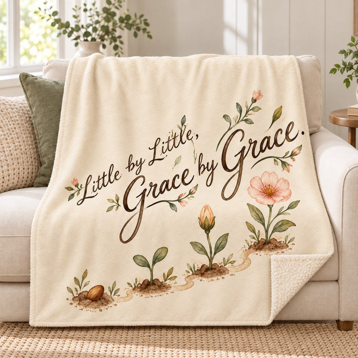 Little by Little, Grace by Grace. blanket, on a sofa