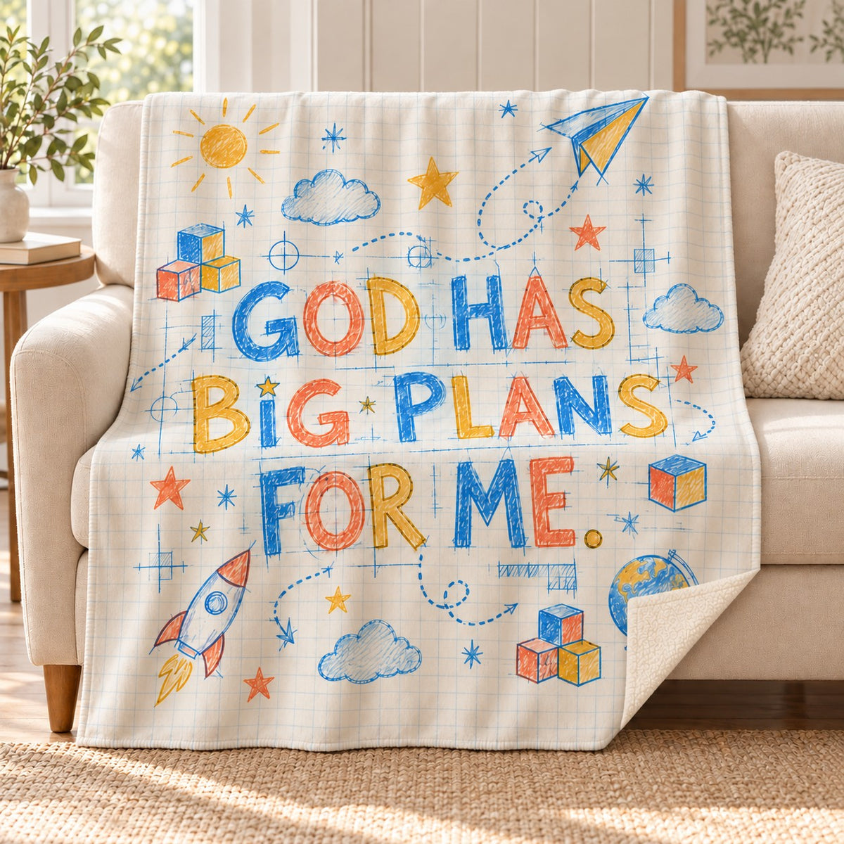 God Has Big Plans for Me. blanket, on a sofa