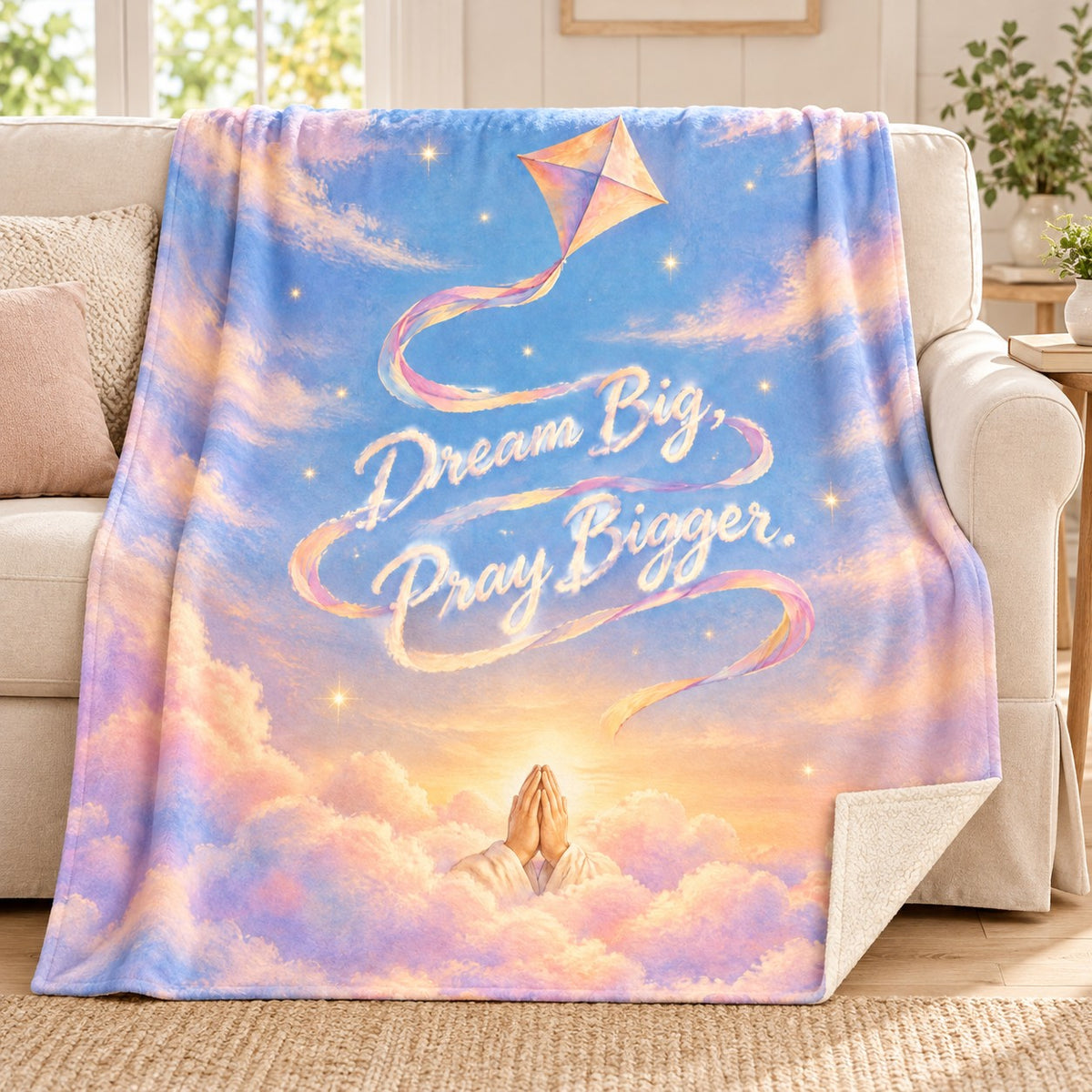 Dream Big, Pray Bigger. blanket, on a sofa