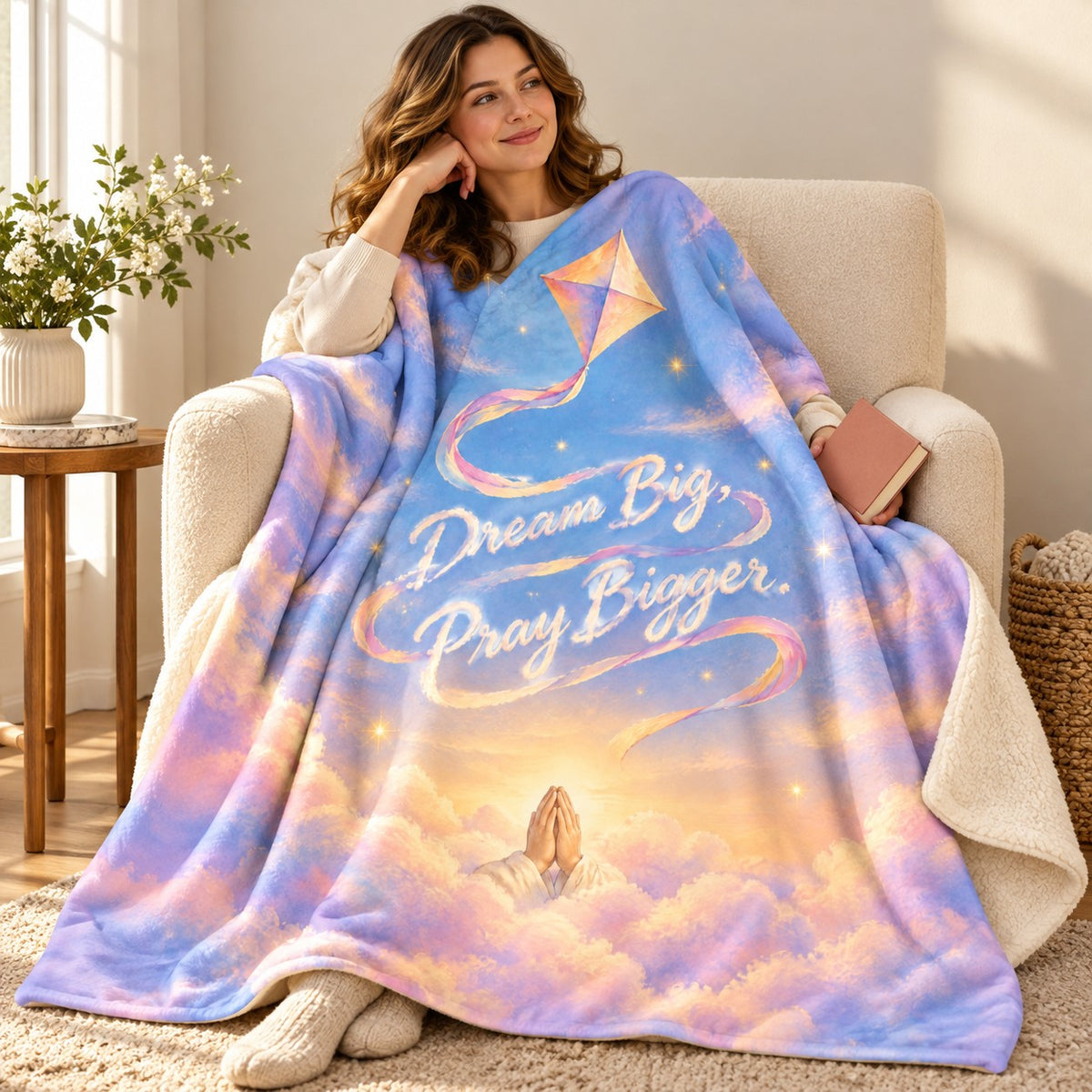 Dream Big, Pray Bigger. blanket, wrapped around a reader