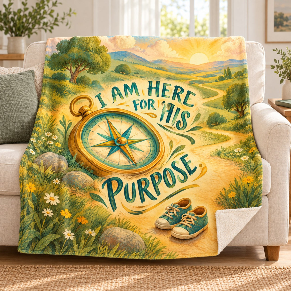 I Am Here for His Purpose. blanket, on a sofa
