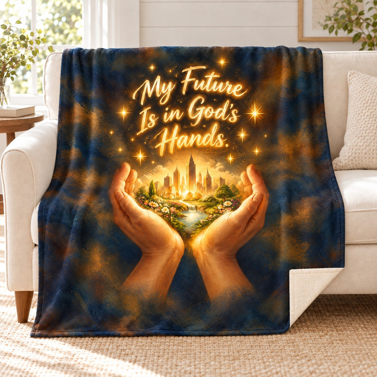 My Future Is in God's Hands. blanket, on a sofa