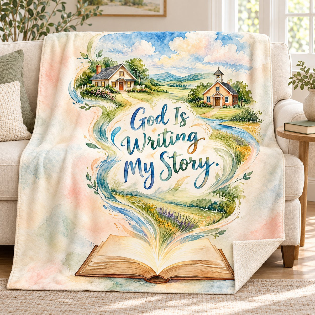 God Is Writing My Story. blanket, on a sofa