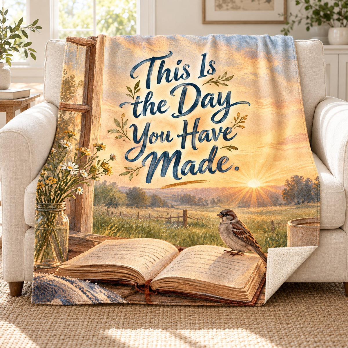 This Is the Day You Have Made. blanket, on a sofa