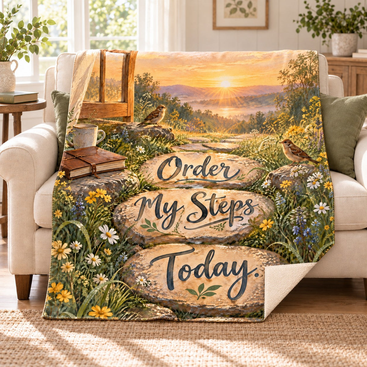 Order My Steps Today. blanket, on a sofa