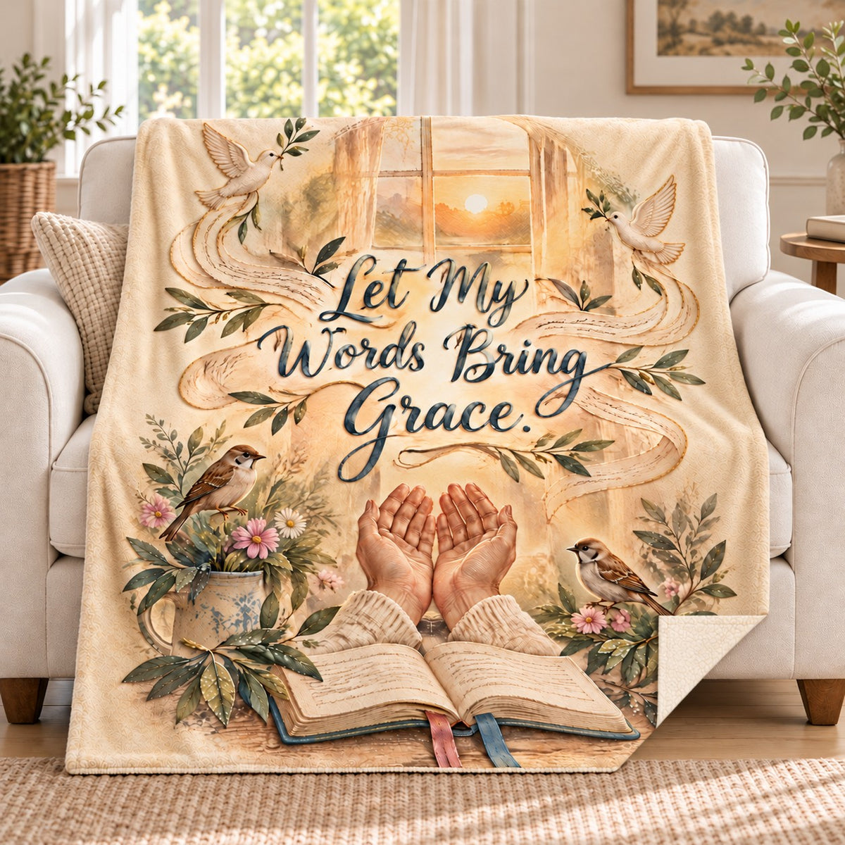 Let My Words Bring Grace. blanket, on a sofa