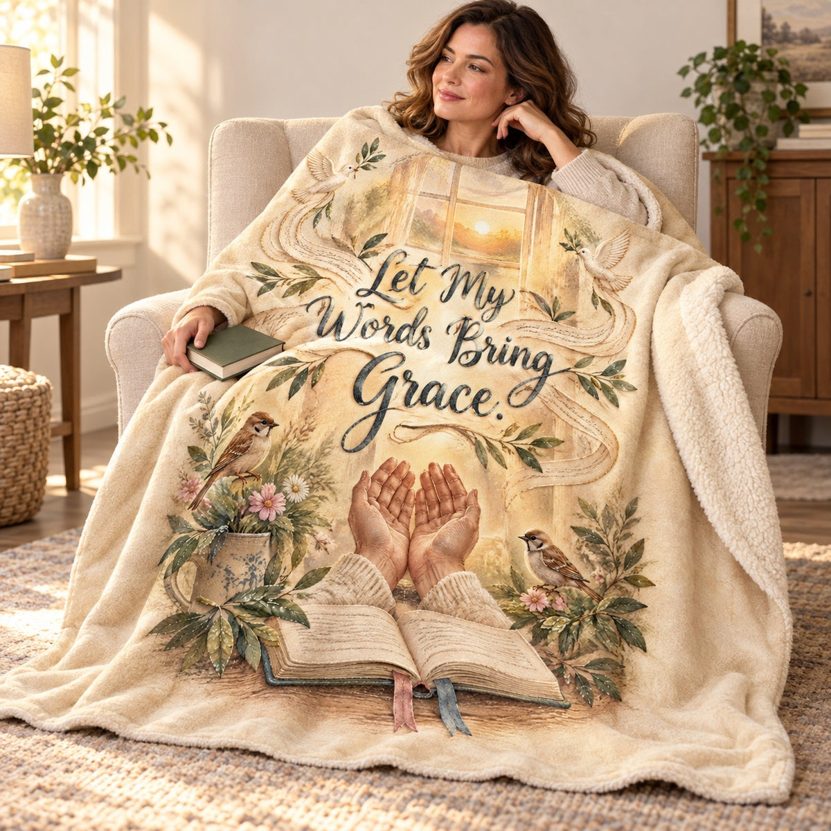 Let My Words Bring Grace. blanket, wrapped around a reader