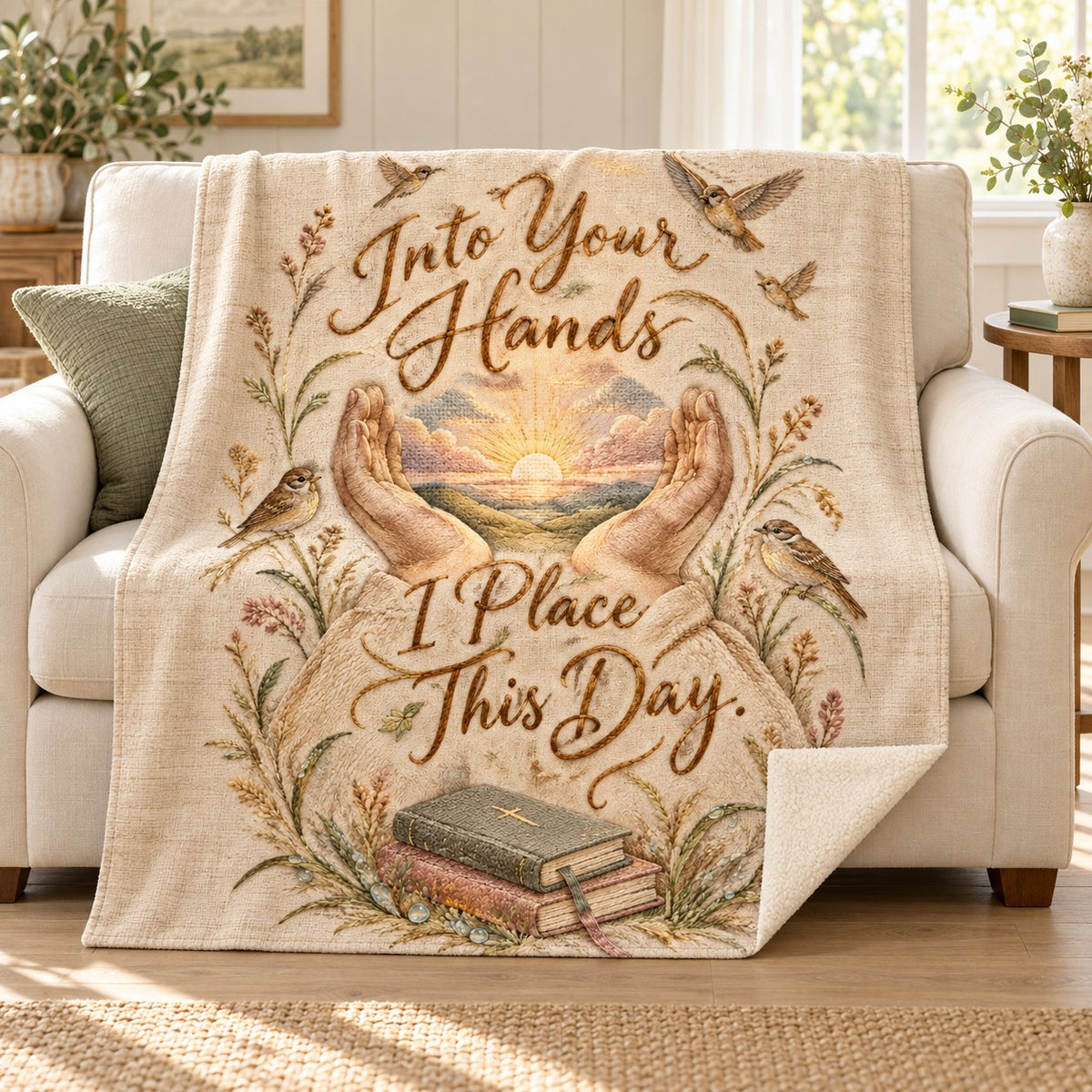 Into Your Hands I Place This Day. blanket, on a sofa