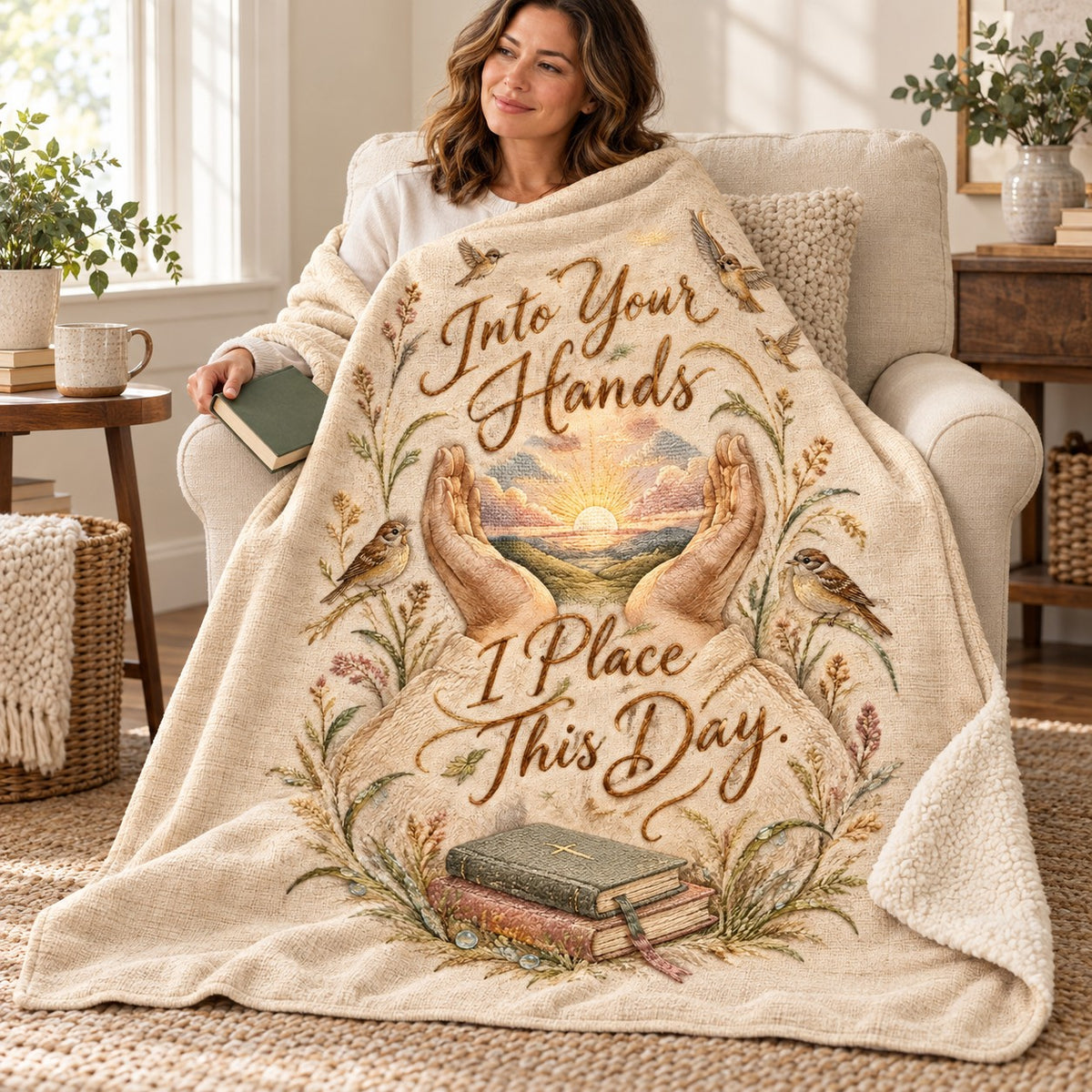 Into Your Hands I Place This Day. blanket, wrapped around a reader