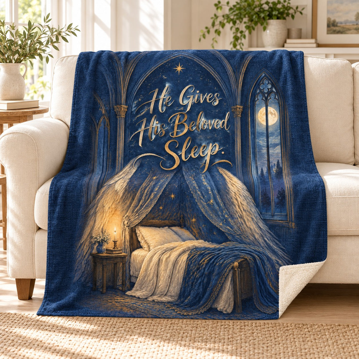 He Gives His Beloved Sleep. blanket, on a sofa