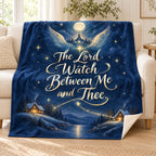 The Lord Watch Between Me and Thee. blanket, on a sofa
