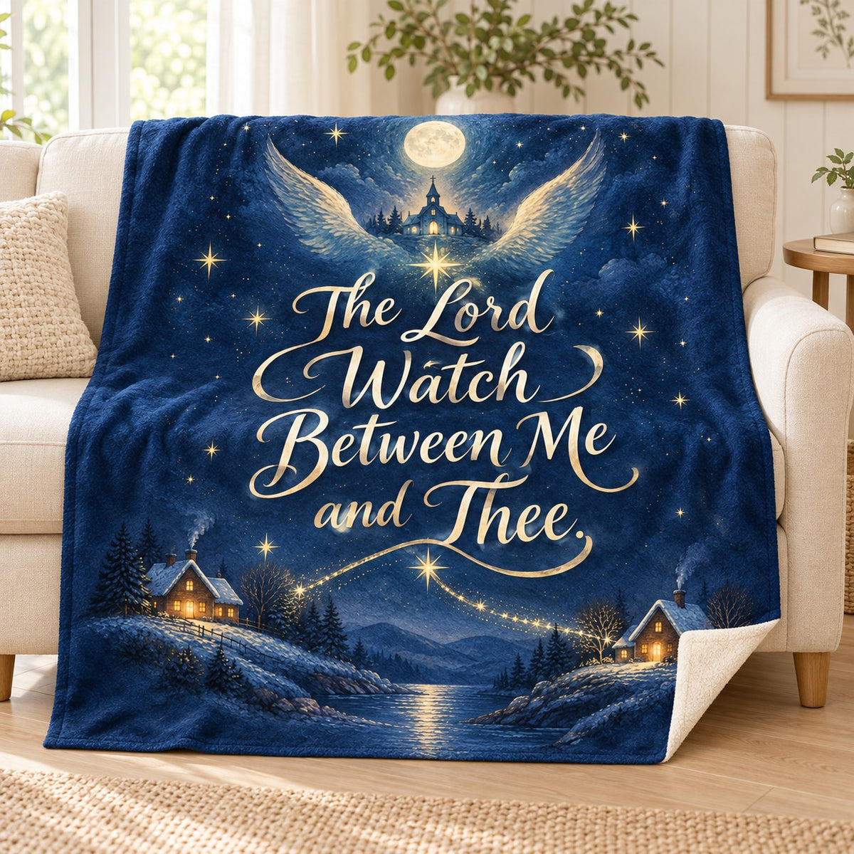 The Lord Watch Between Me and Thee. blanket, on a sofa