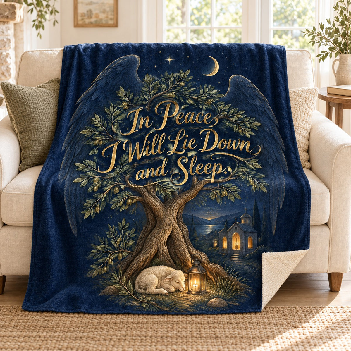 In Peace I Will Lie Down and Sleep. blanket, on a sofa