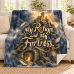 My Refuge and My Fortress. blanket, on a sofa