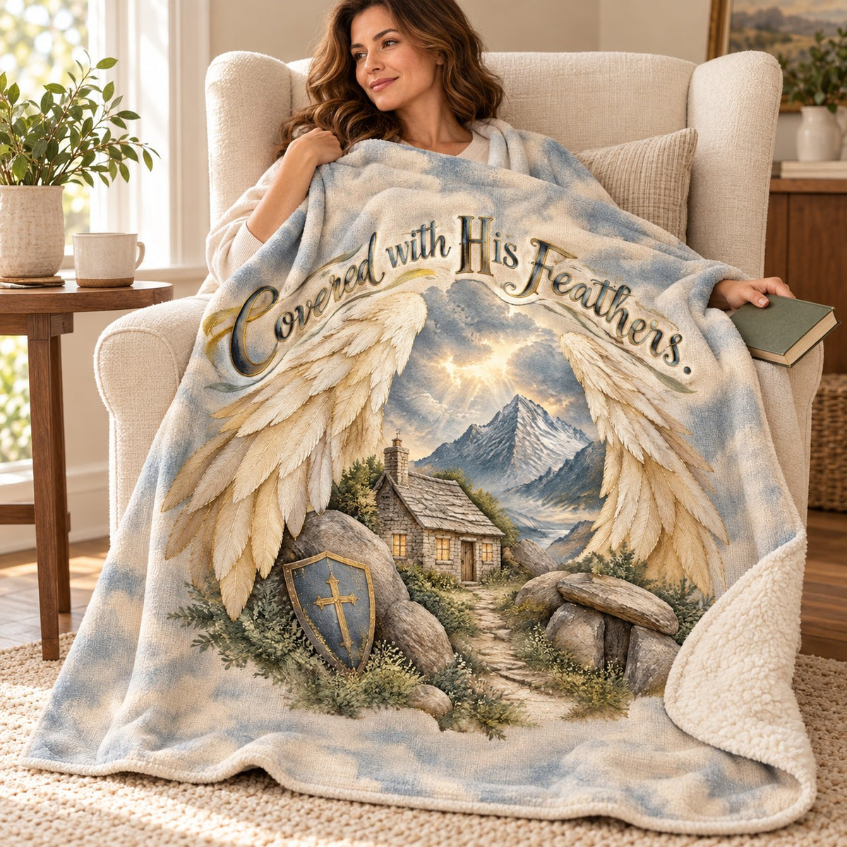 Covered with His Feathers. blanket, wrapped around a reader