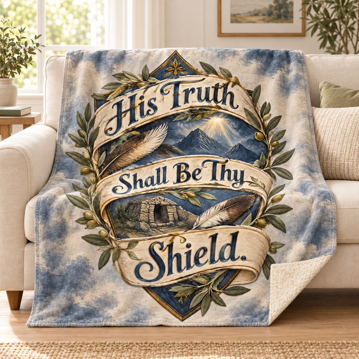 His Truth Shall Be Thy Shield. blanket, on a sofa