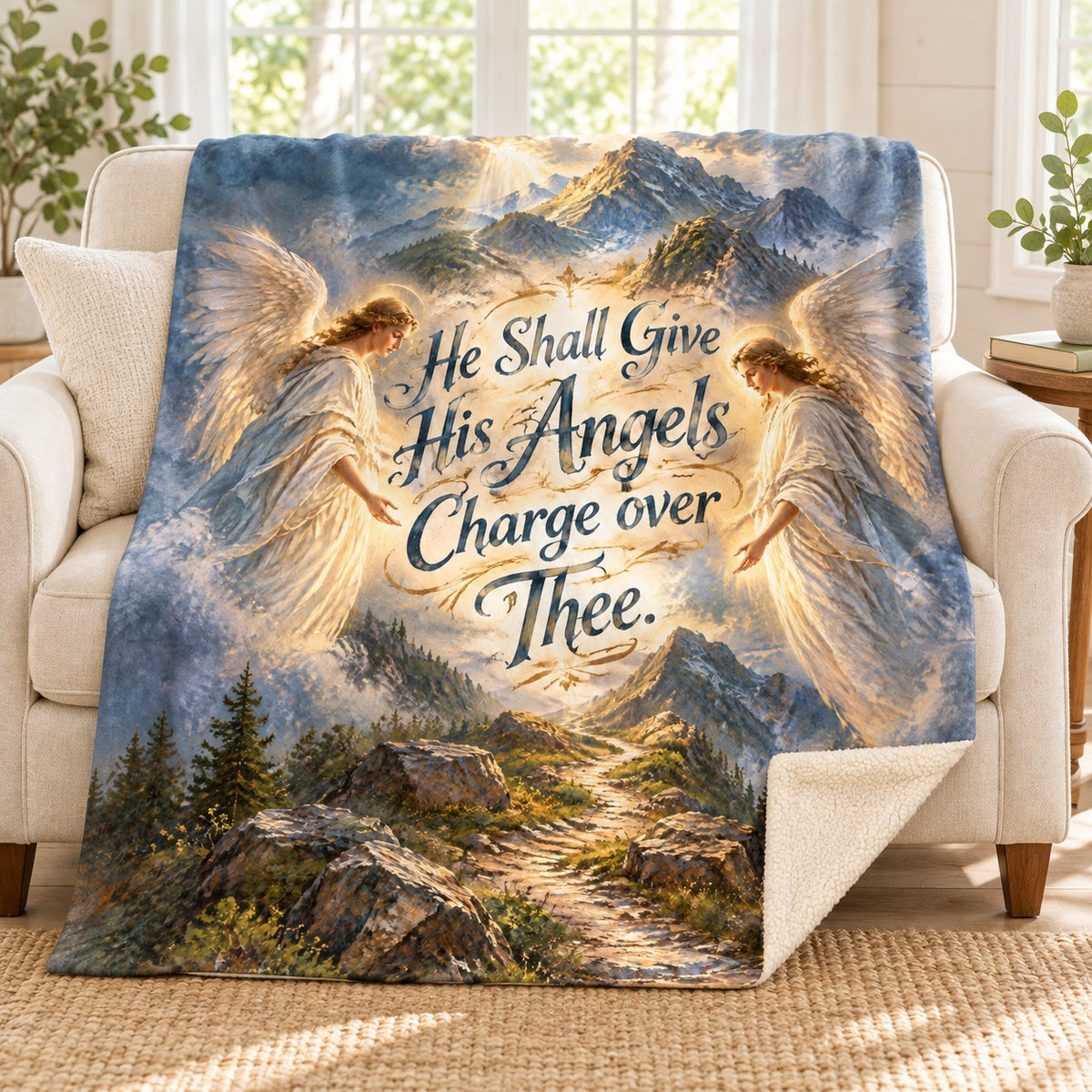 He Shall Give His Angels Charge over Thee. blanket, on a sofa