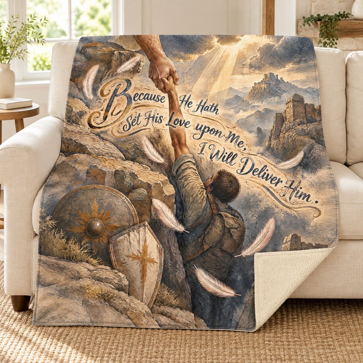 Because He Hath Set His Love upon Me, I Will Deliver Him. blanket, on a sofa