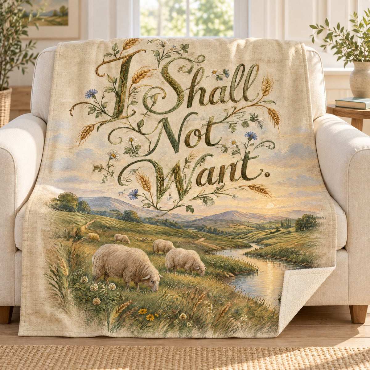 I Shall Not Want. blanket, on a sofa